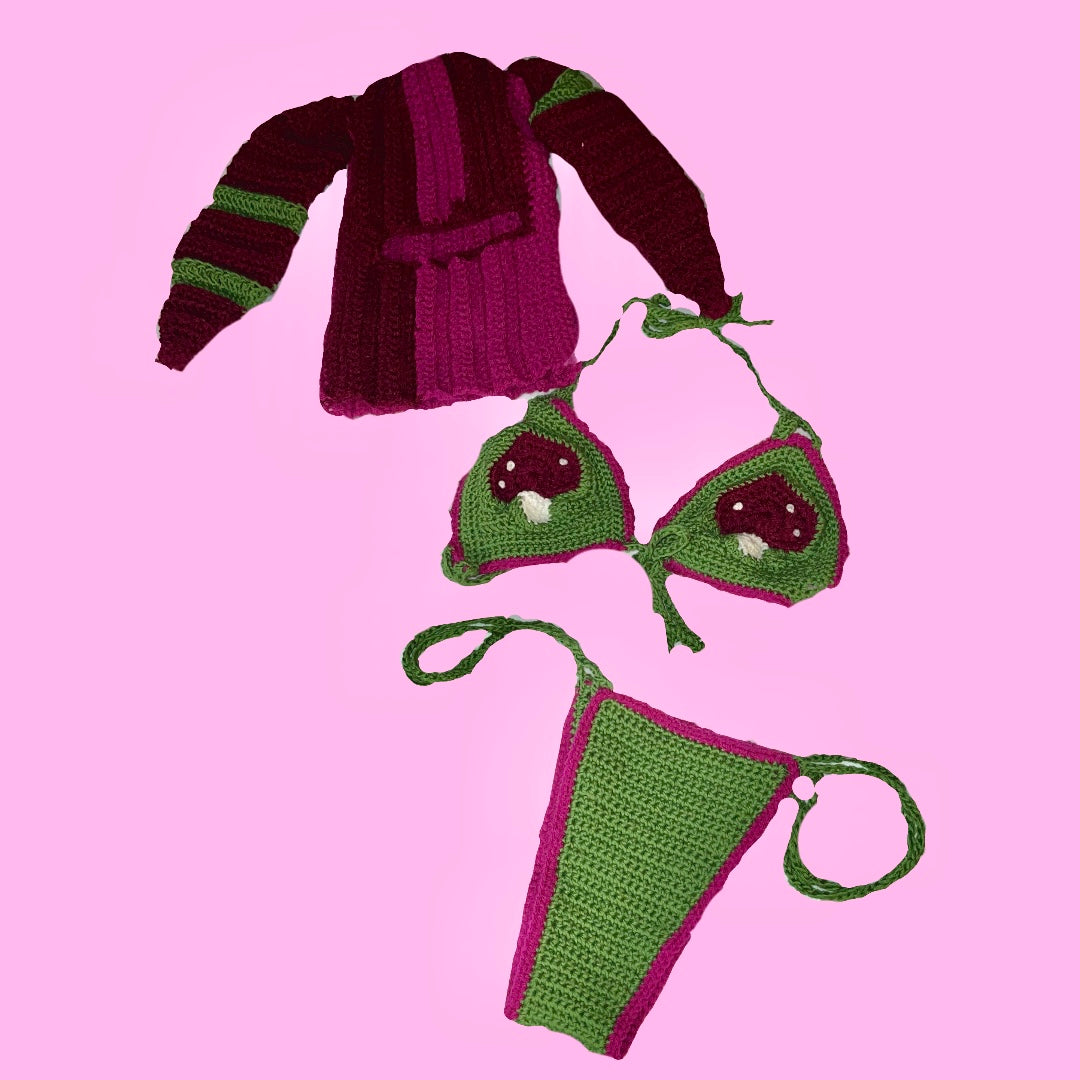 Mystery Mushroom Bikini and Balaclava Crochet Set Size Medium
