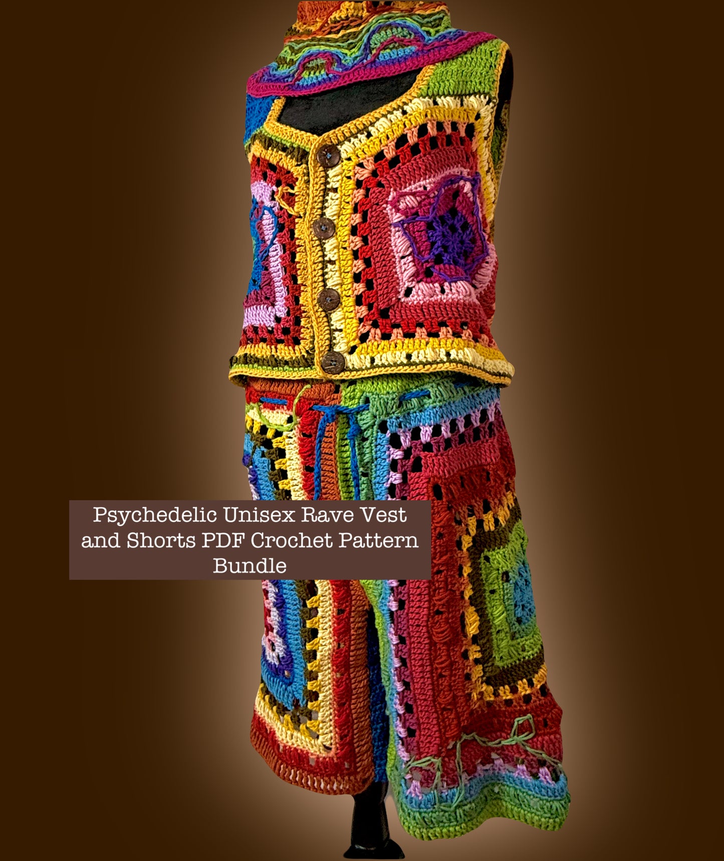 Psychedelic Rave Vest & Shorts - DIY Crochet Ravewear Unisex Festival Outfit PDF Pattern Set