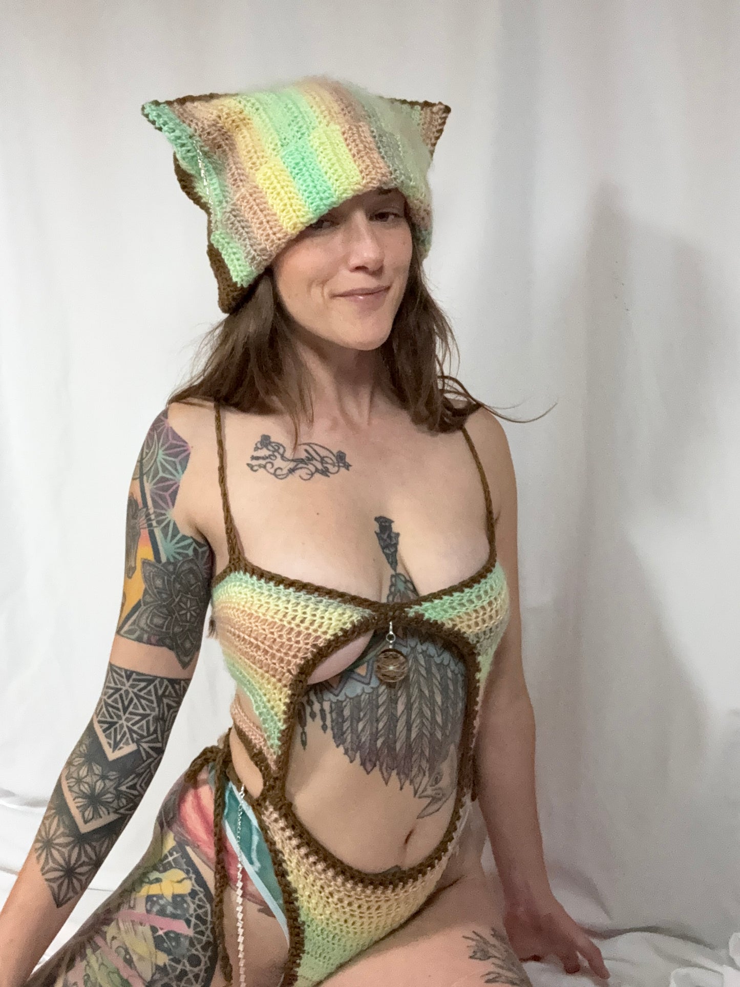 Penelope’s Elevated EP Collab Bodysuit & Cat Beanie - Handmade Crochet Ravewear Festival Set