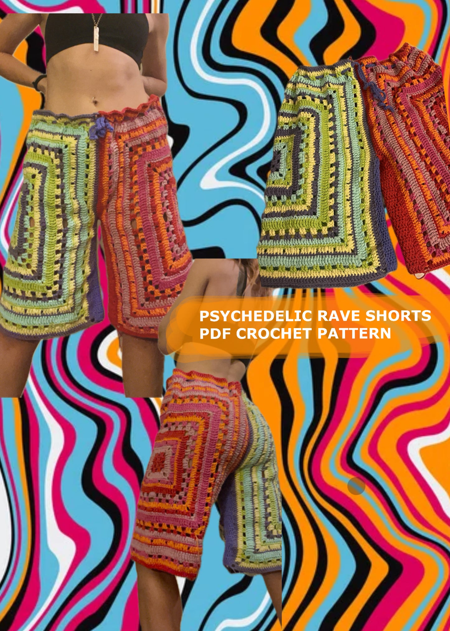 Psychedelic Shorts - DIY Crochet Unisex Festival Shorts PDF Pattern