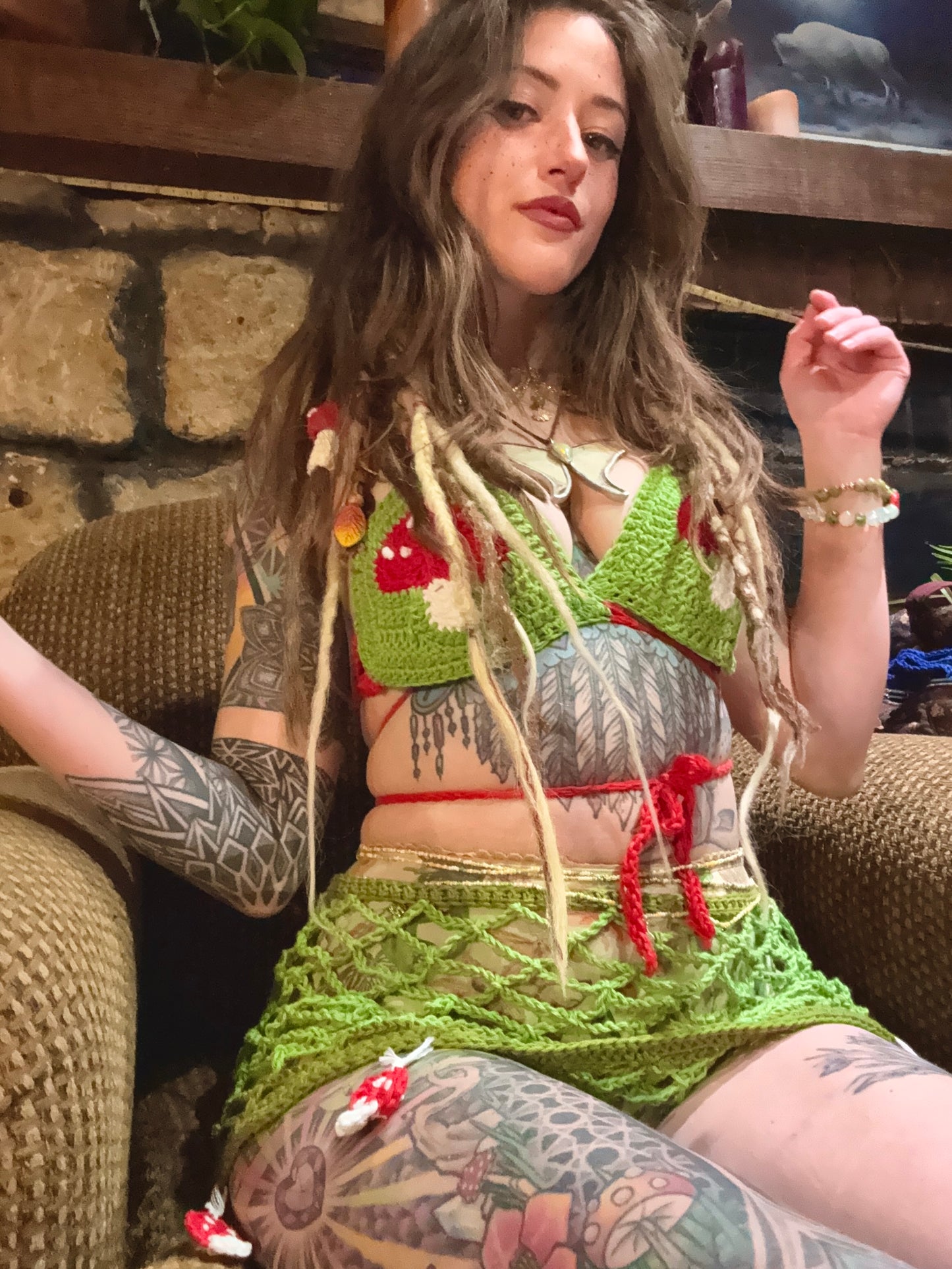MTO Fishnet Mushroom Mini Skirt - Handmade Crochet Ravewear Skirt