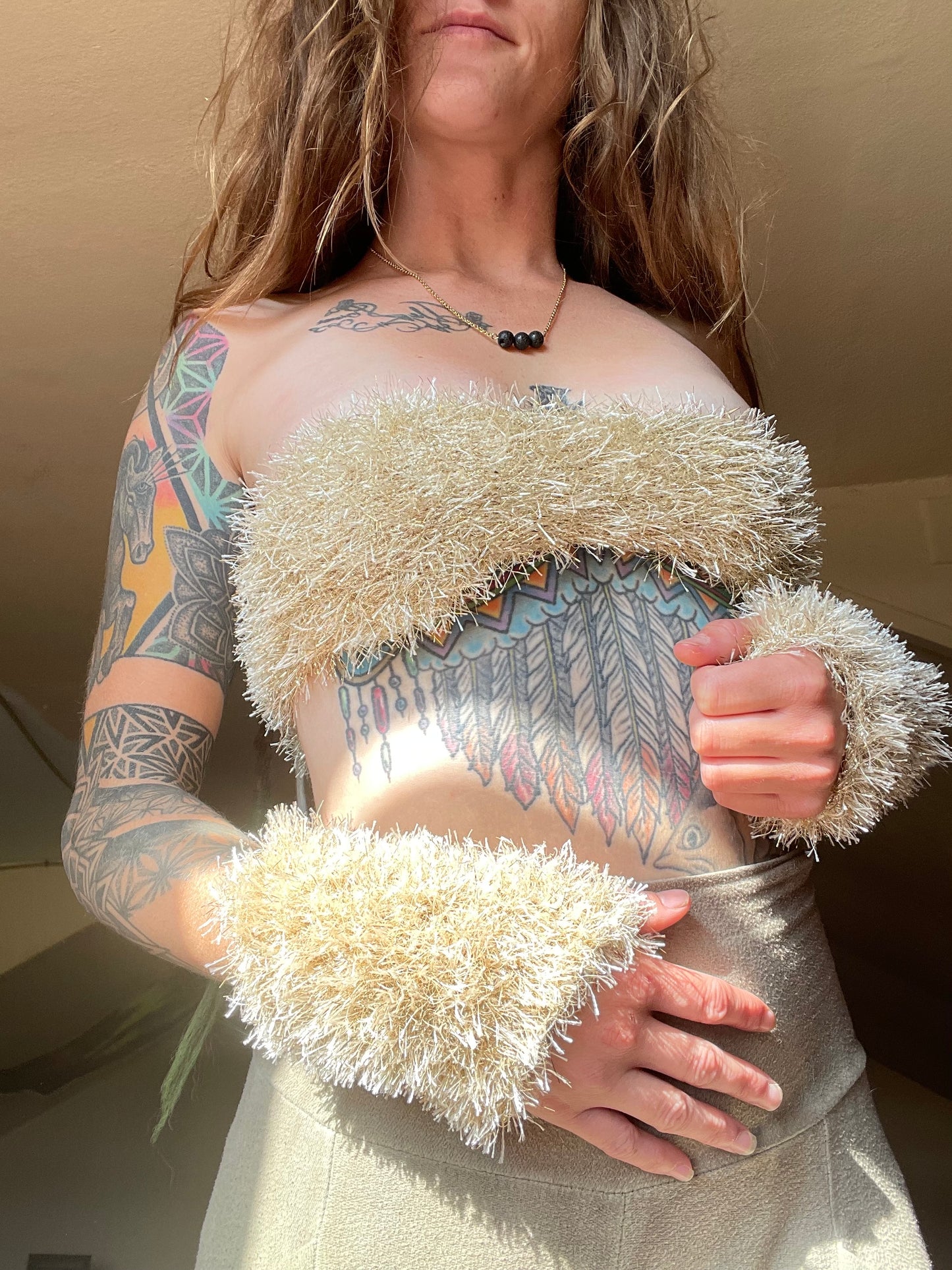 Gold knit bandeau and gloves set (xs/sm)
