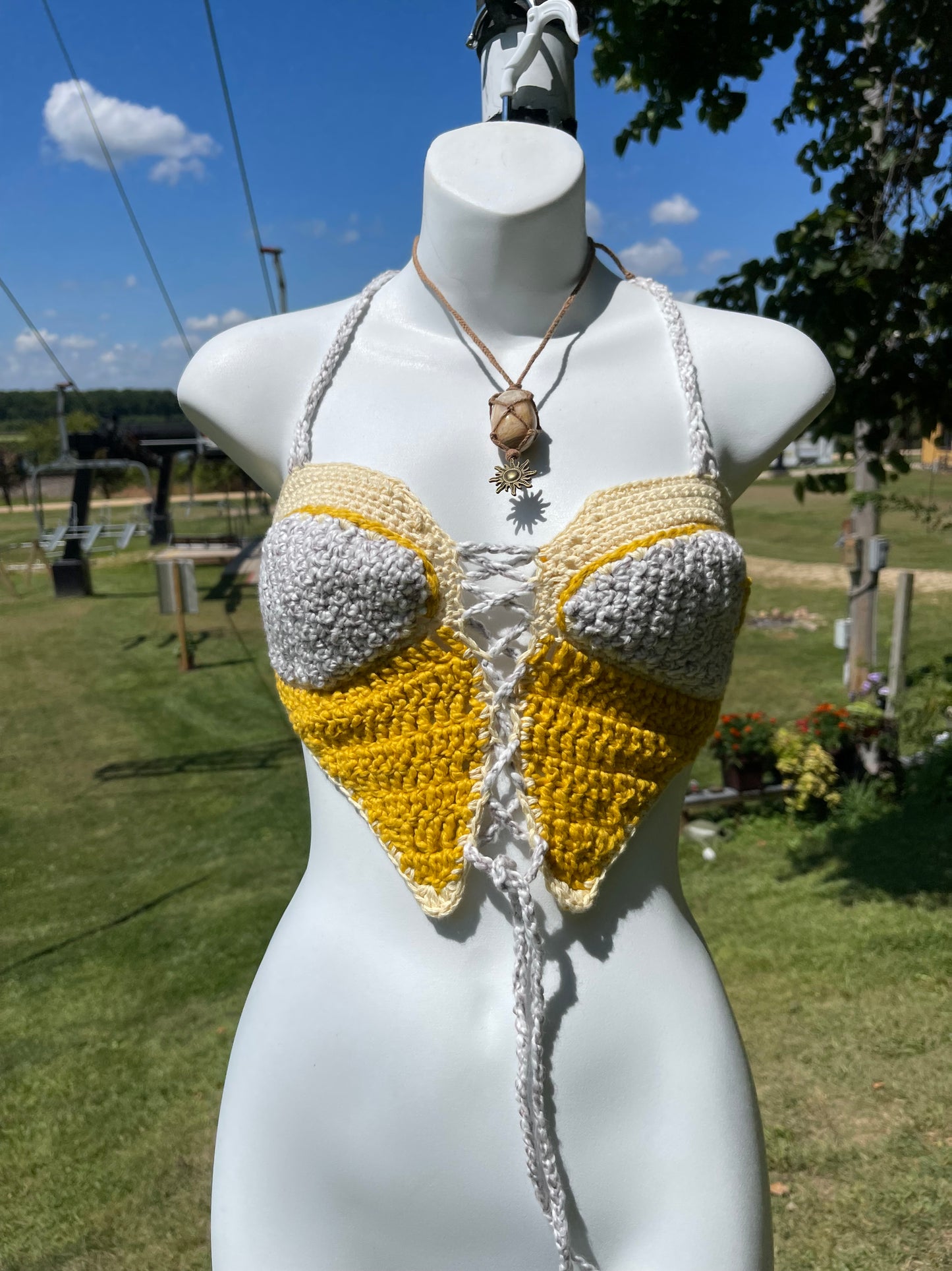 A Place Where the Sun Meets the Sky (XS-M - A-D Cup) - Organic Crochet Festival Top (The Sustainable Sunflower Shop Collab)