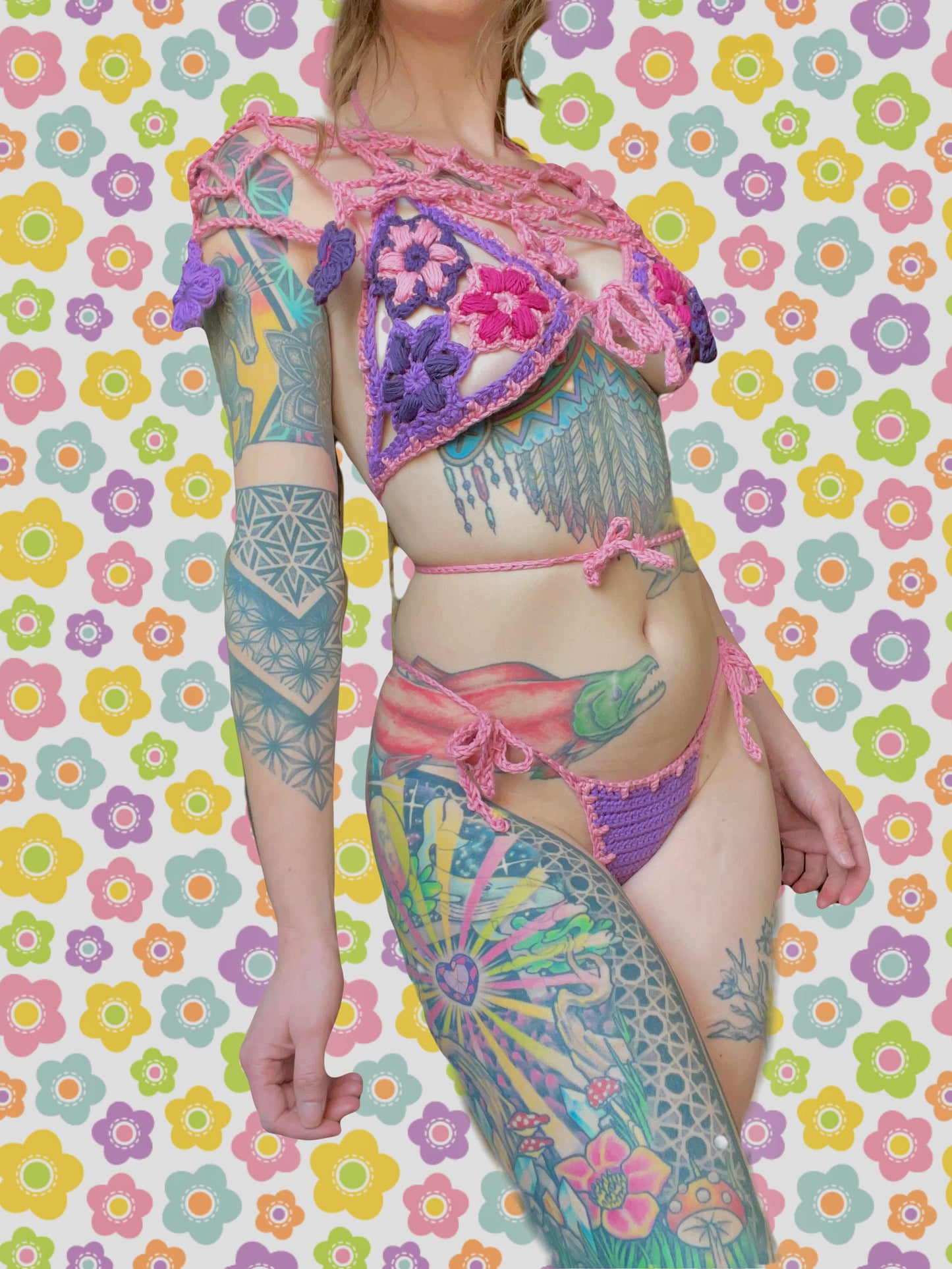 Dainty Flower Girl Bikini and Mini Flower Shawl Crochet Set Size Small
