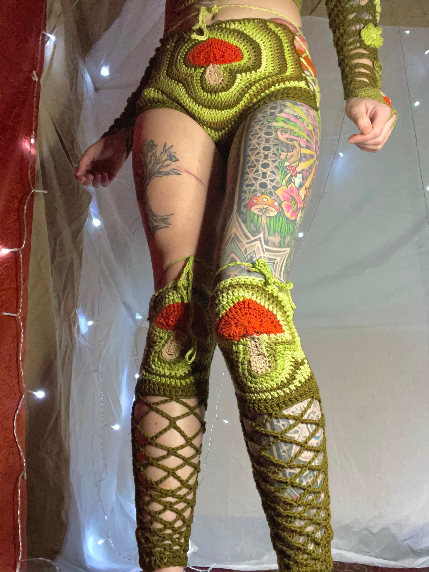 MTO Mushroom Leggies - Handmade Crochet Ravewear Festival Leggings