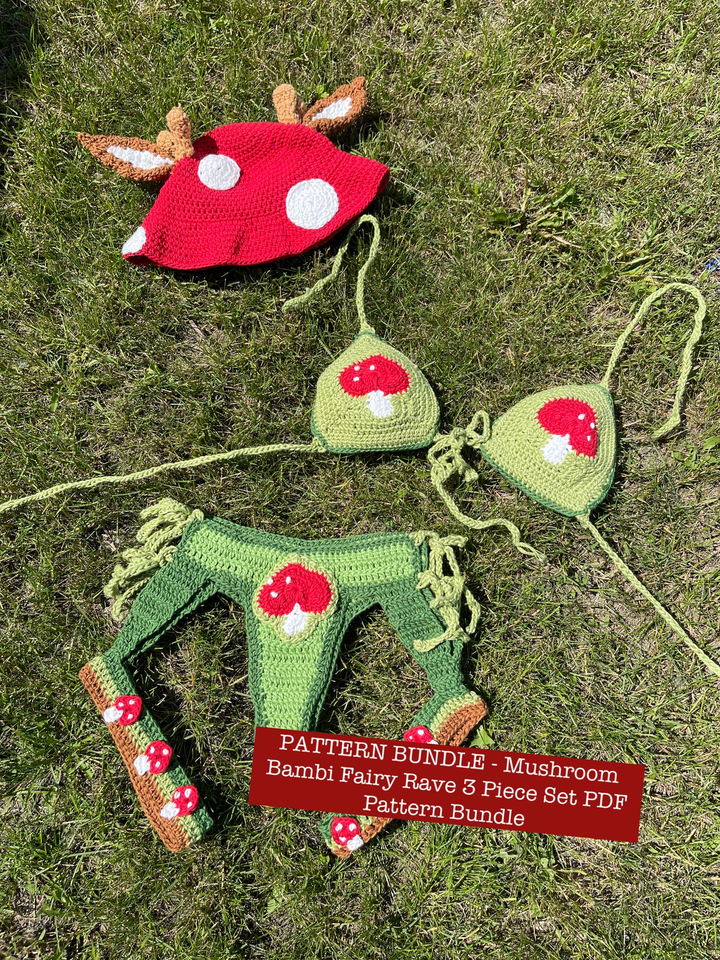 Pattern bundle: Mushroom Bambi 3 Piece Outfit (includes 5 different patterns) - DIY Crochet Festival Outfit 5 PDF Pattern Set