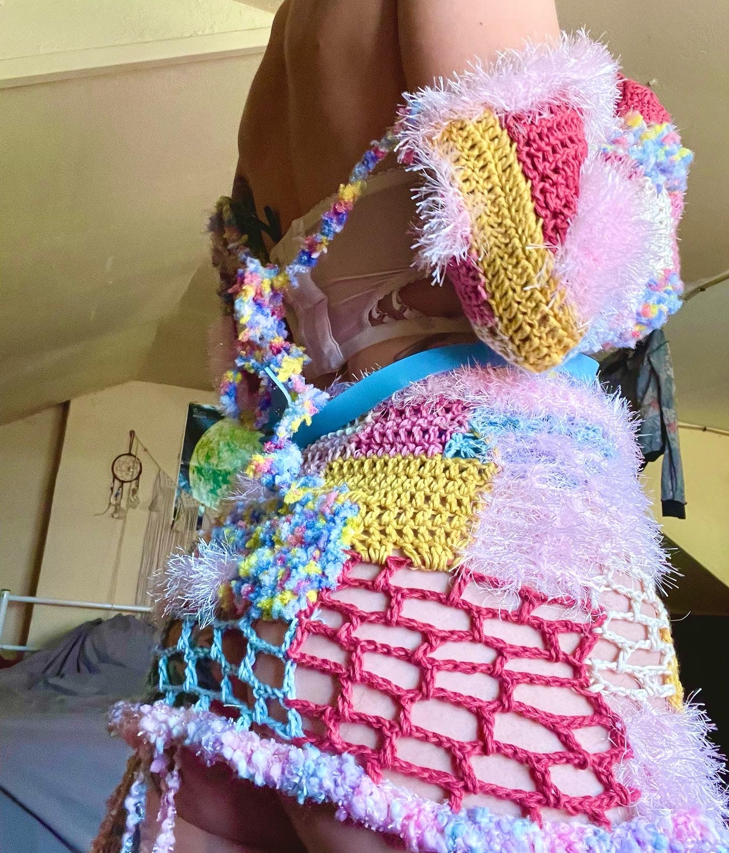 Fuzzy patchwork mini skirt and sleeves set