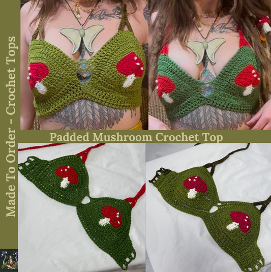 MTO Padded Mushroom Bra Top - Handmade Crochet Ravewear Bikini Top