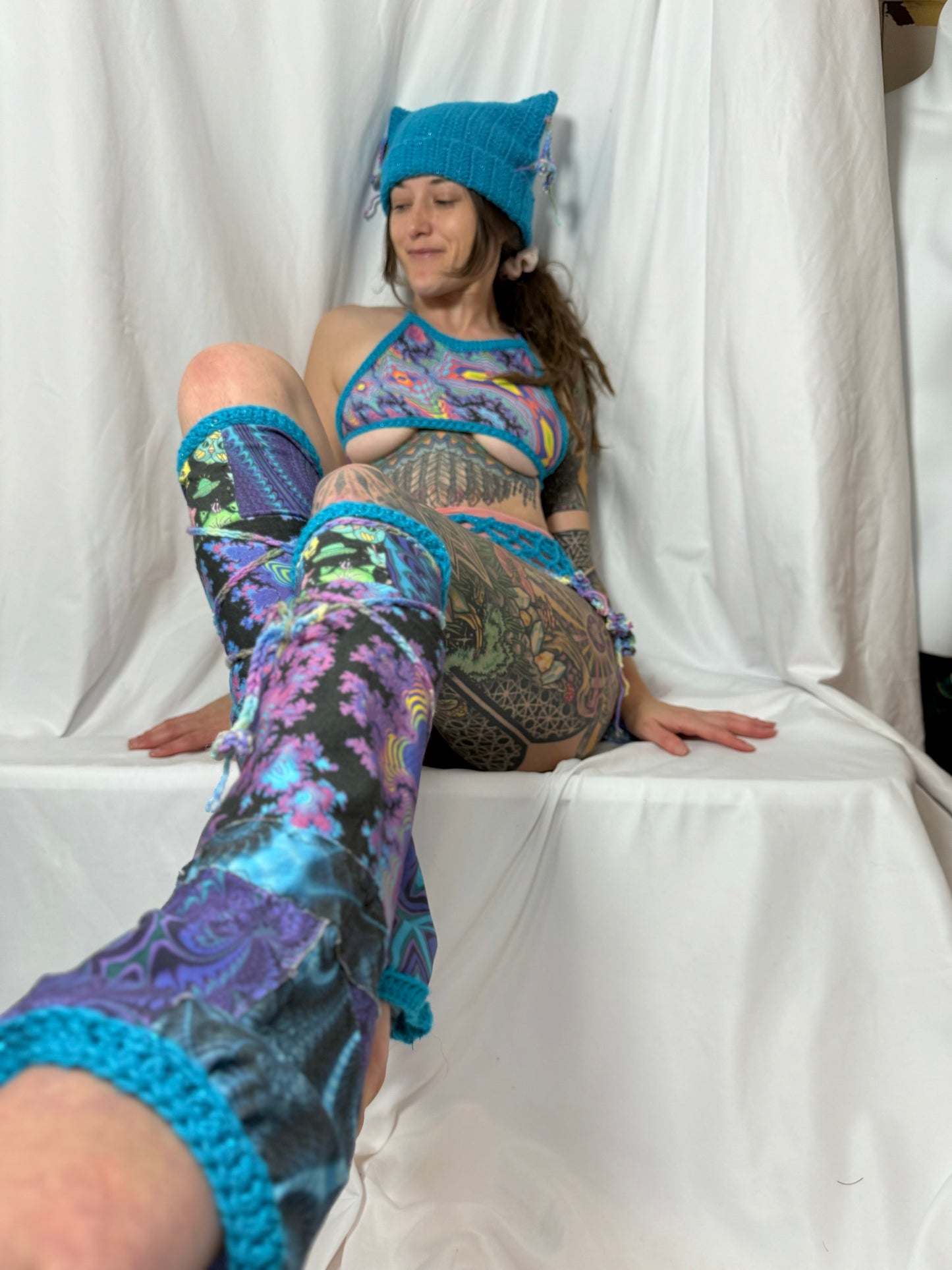 Astral Visions Cheshire Cat Scrap 5P - Handmade Crochet Ravewear Lingerie Set