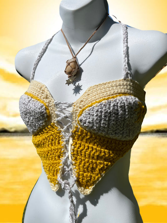 A Place Where the Sun Meets the Sky (XS-M - A-D Cup) - Organic Crochet Festival Top (The Sustainable Sunflower Shop Collab)