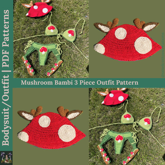 Pattern bundle: Mushroom Bambi 3 Piece Outfit (includes 5 different patterns) - DIY Crochet Festival Outfit 5 PDF Pattern Set