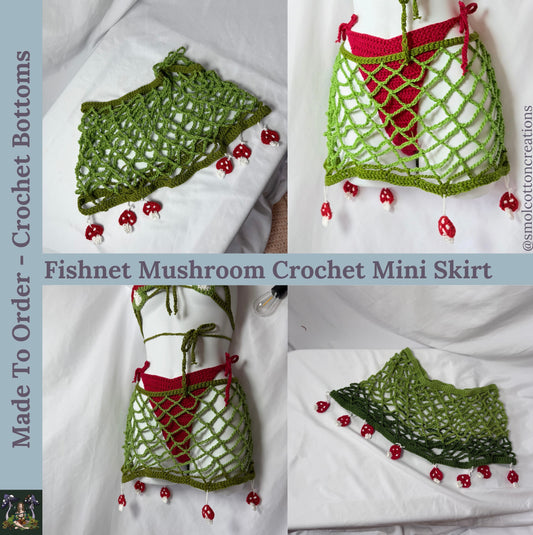 MTO Fishnet Mushroom Mini Skirt - Handmade Crochet Ravewear Skirt