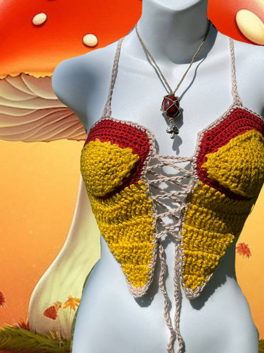The Jasper’s Fly Agaric (XS-M - A-D Cup) - Organic Crochet Festival Top (The Sustainable Sunflower Shop Collab)