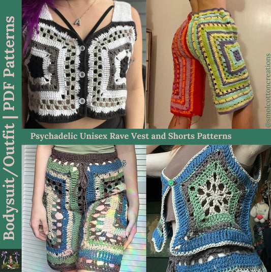 Psychedelic Rave Vest & Shorts - DIY Crochet Ravewear Unisex Festival Outfit PDF Pattern Set